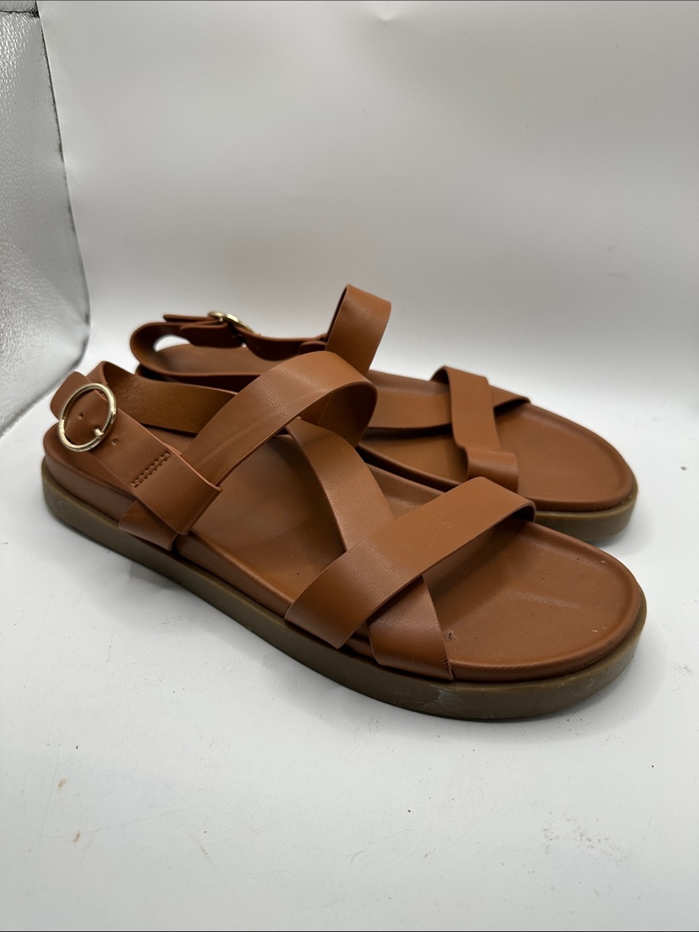 Women’s Brown Strappy Slide Sandals with Gold Buckle size 9.5